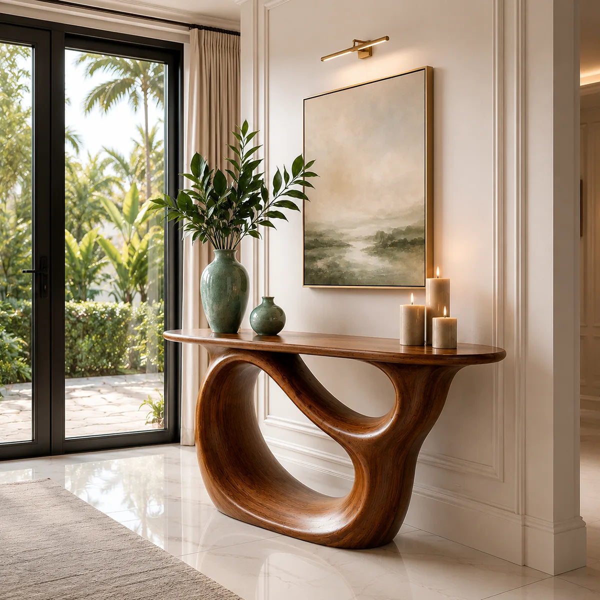 Sculptural Wood Console Table with Oval Cutout Base for Entryway