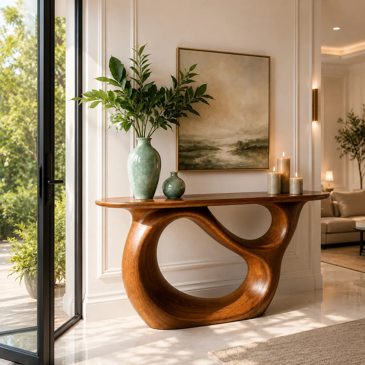 Sculptural Wood Console Table with Oval Cutout Base for Entryway