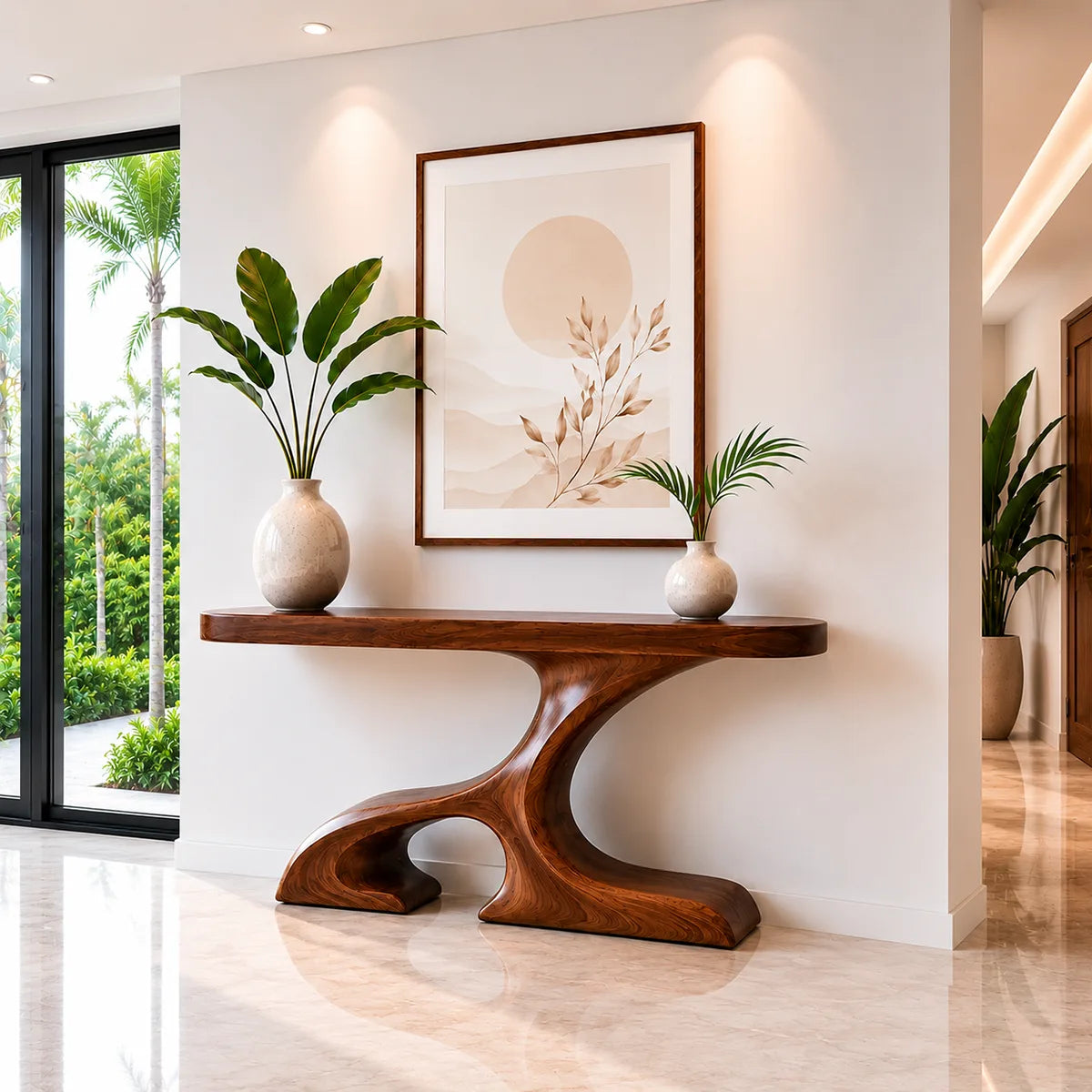 Sculptural Wood Console Table with Curved Base for Entryway Decor