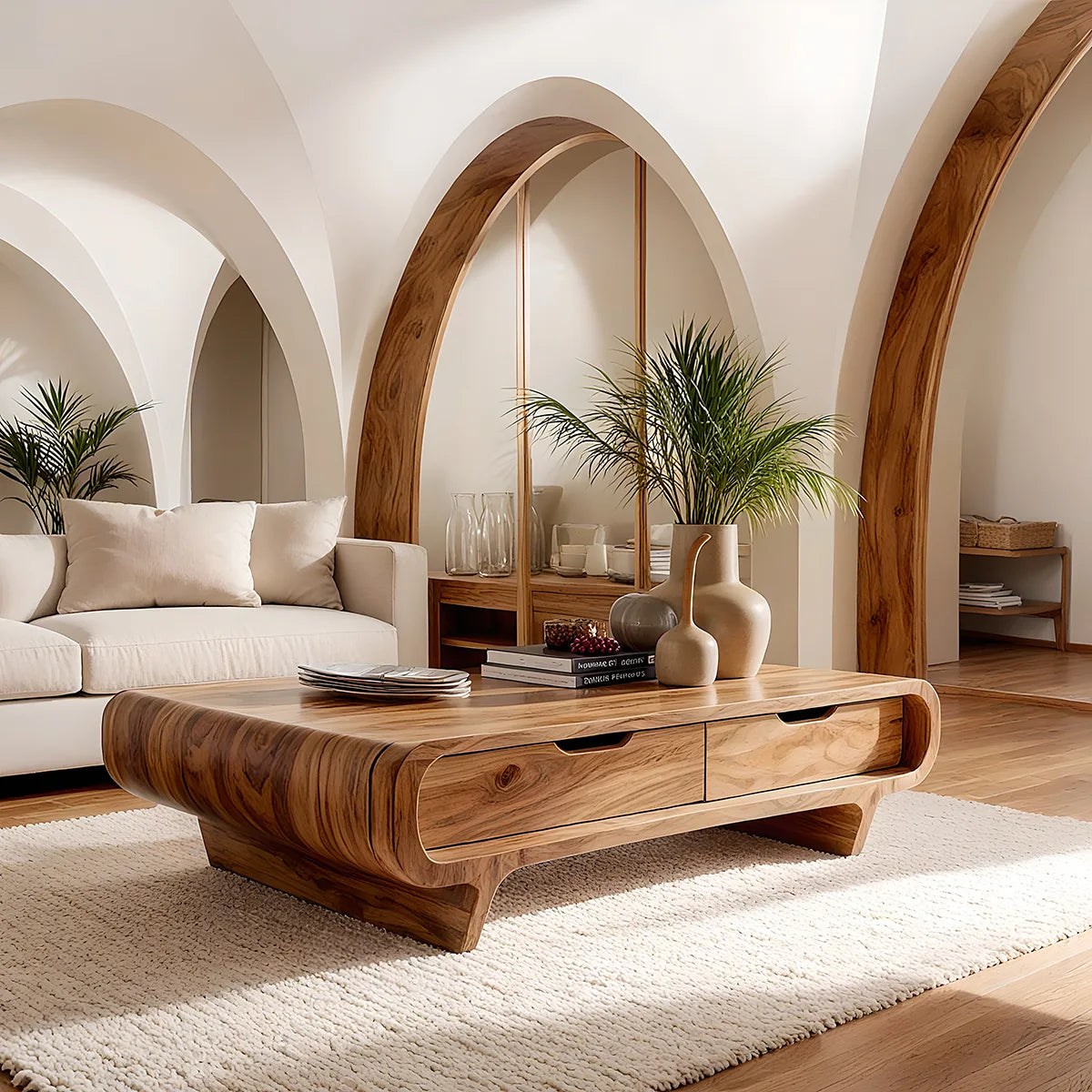 Handcrafted Wood Coffee Table with Drawers - Curved Silhouette Modern Design