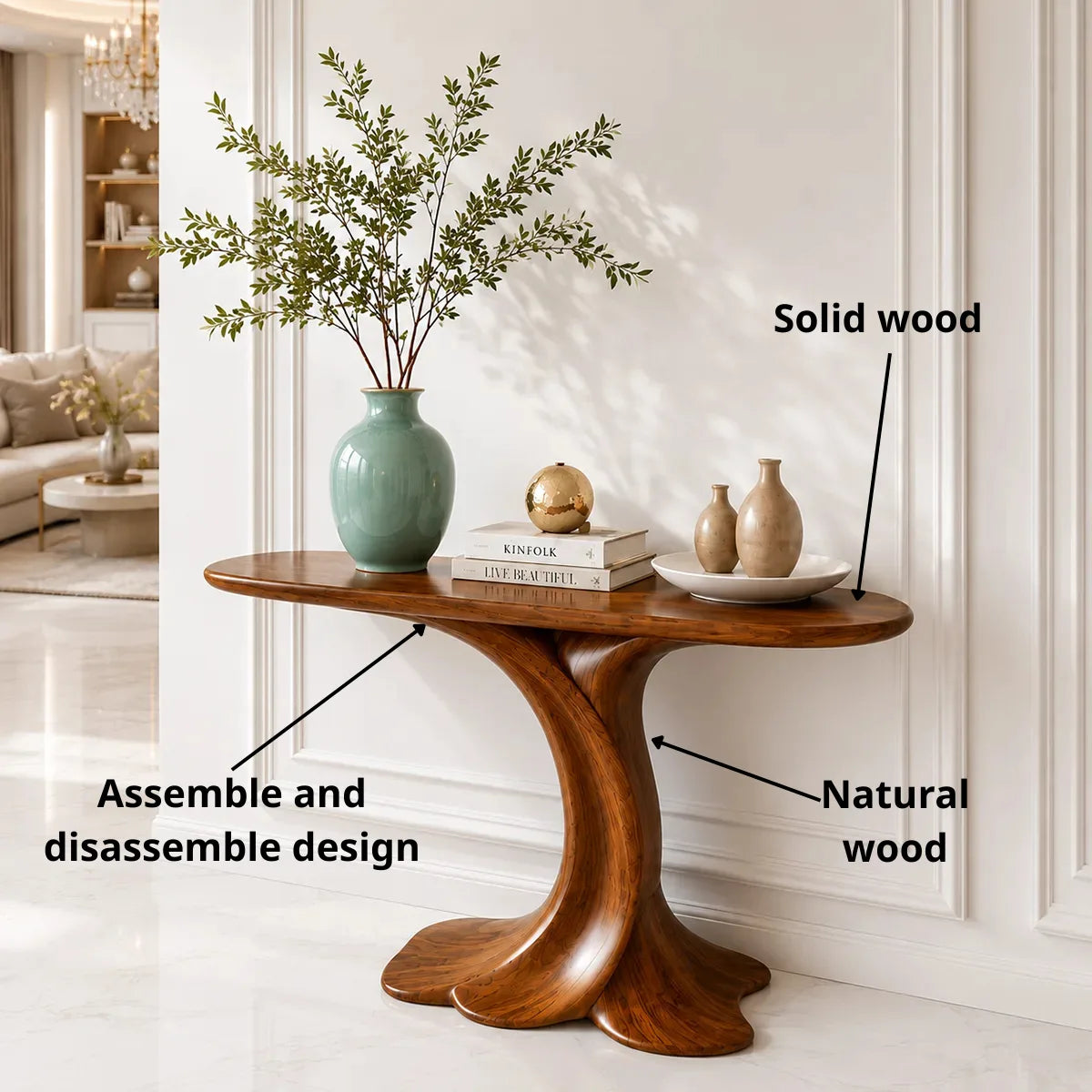 Sculptural Wooden Console Table for Entryway and Living Room Decor