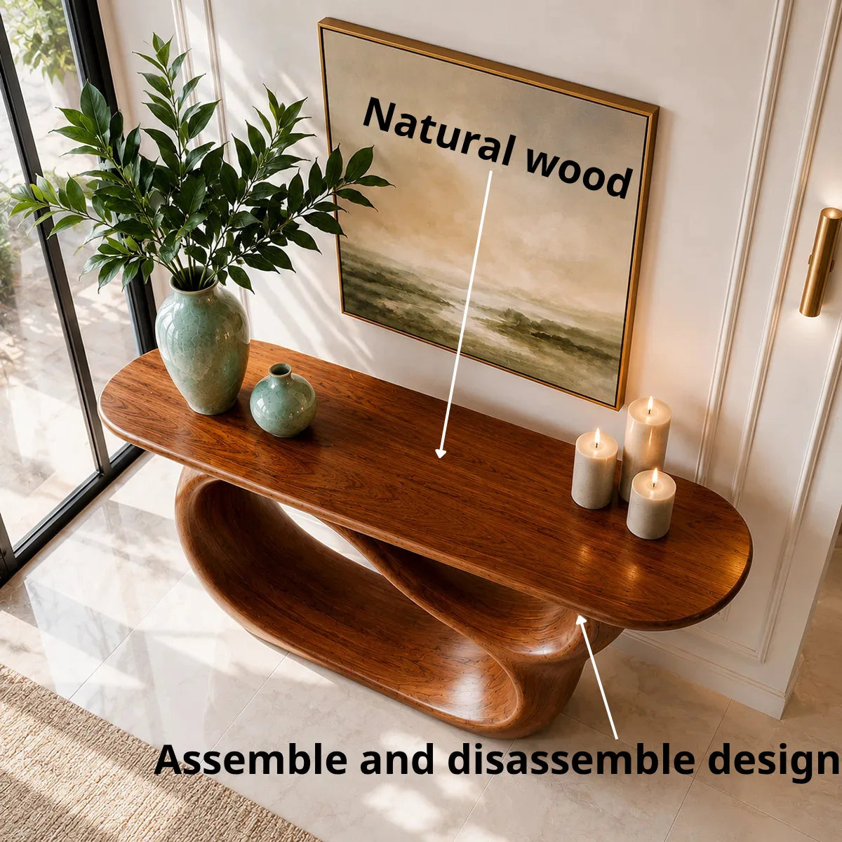 Sculptural Wood Console Table with Oval Cutout Base for Entryway