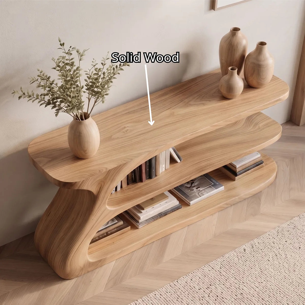 Organic Modern Console Table with Open Shelves, Sculptural Wooden Entryway Console for Living Room HL020-4246