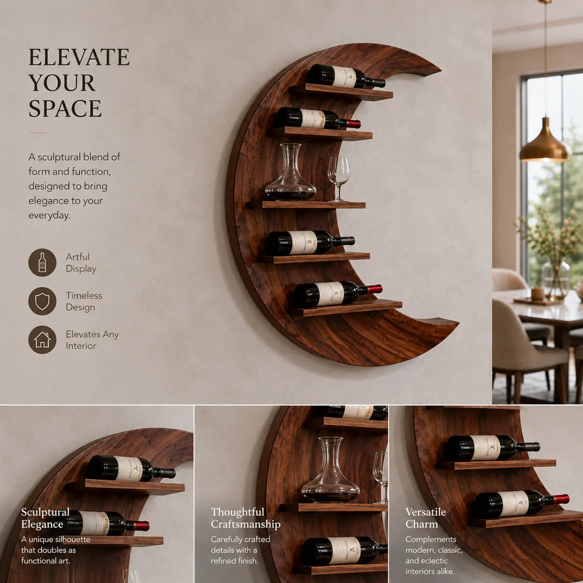 Crescent Moon Solid Wood Wall Wine Rack for Home Bars & Wine Lovers TT006-2517