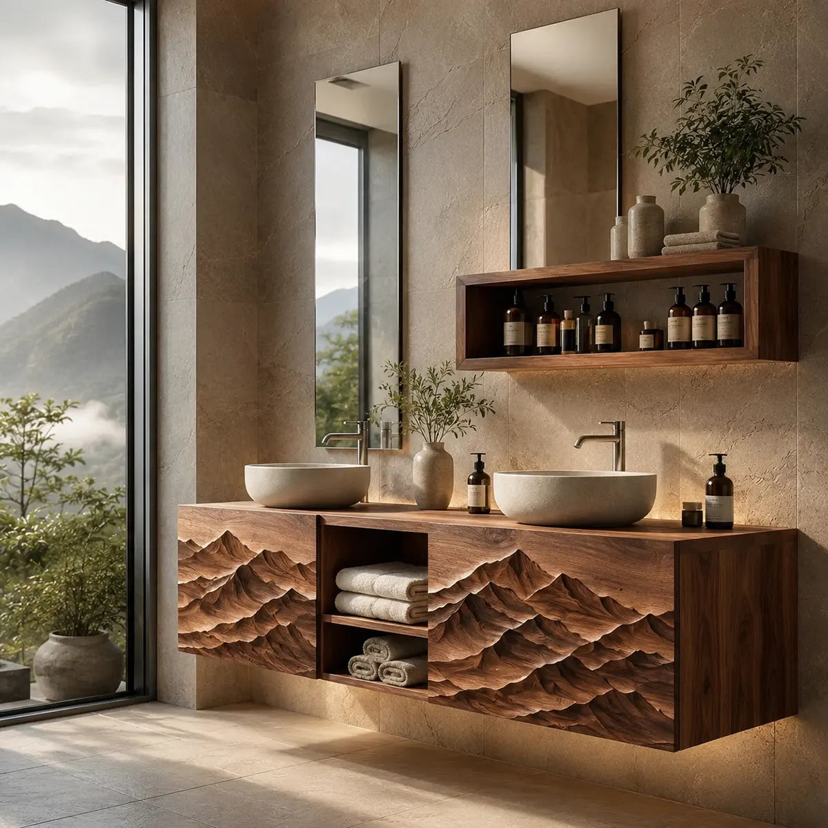 Mountain Landscape Floating Double Sink Bathroom Vanity TT006-8076