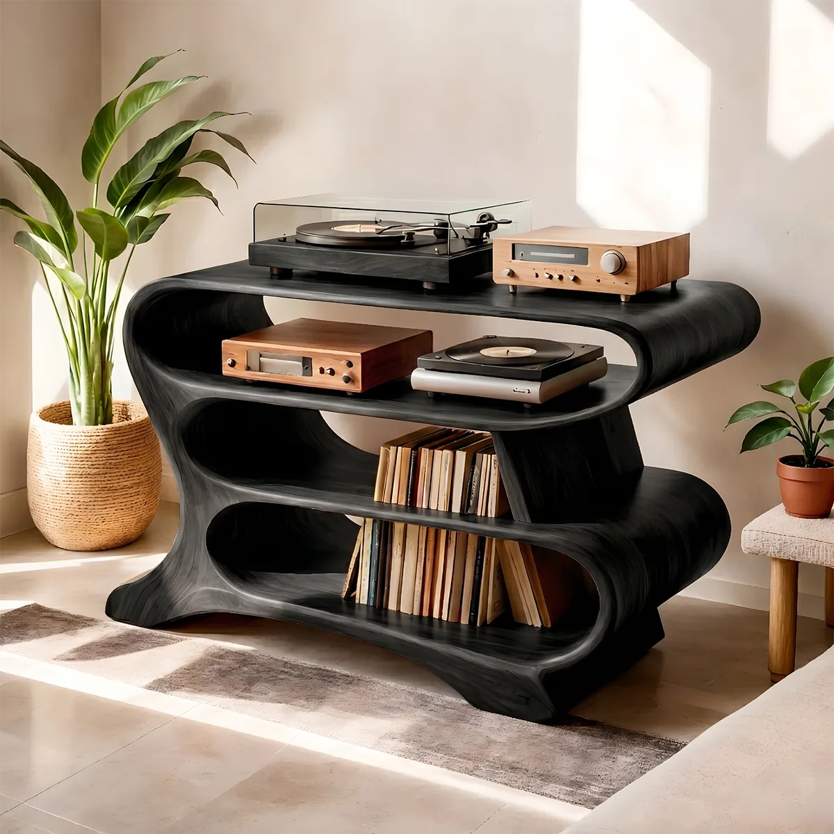 Solid Wood Record Player Stand, Wave-Shaped Curved Vinyl Storage Cabinet