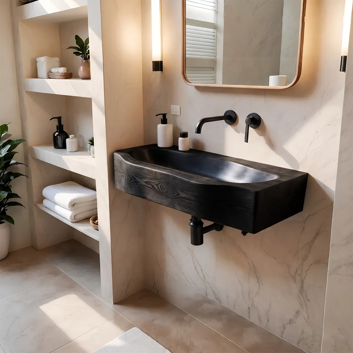 Integrated Wall Mounted Bathroom Sink | Elongated Floating Basin with Curved Edge TT006-3YIZ5ZH