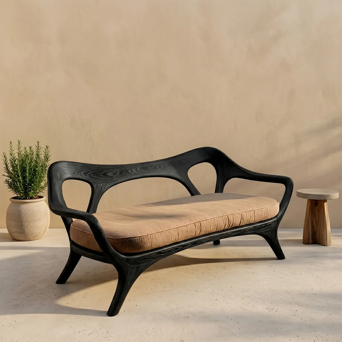 Luxury Organic Modern Outdoor Solid Wood Sofa with Sculptural Backrest