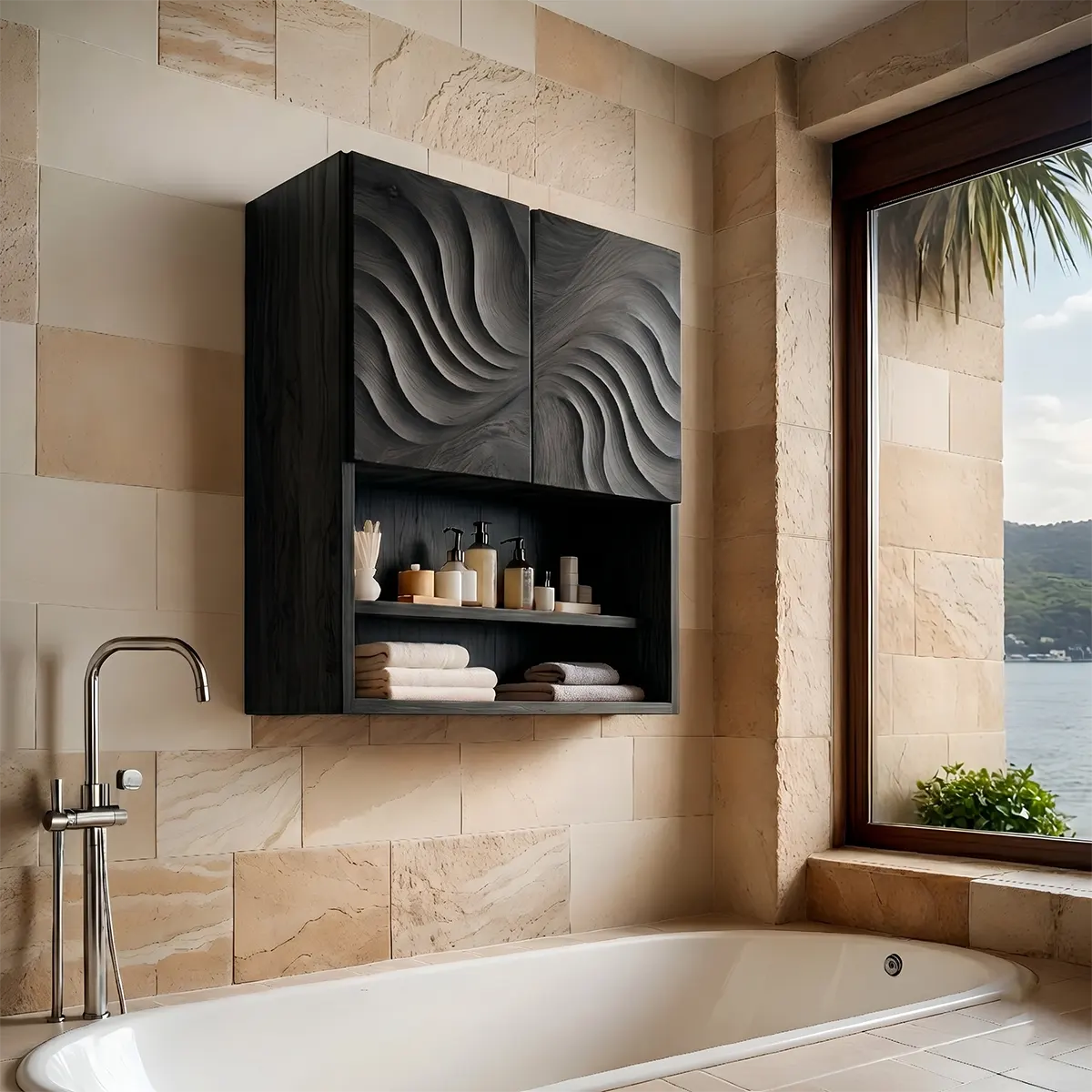 Handcrafted Solid Wood Bathroom Wall Storage Cabinet with Sculpted Door