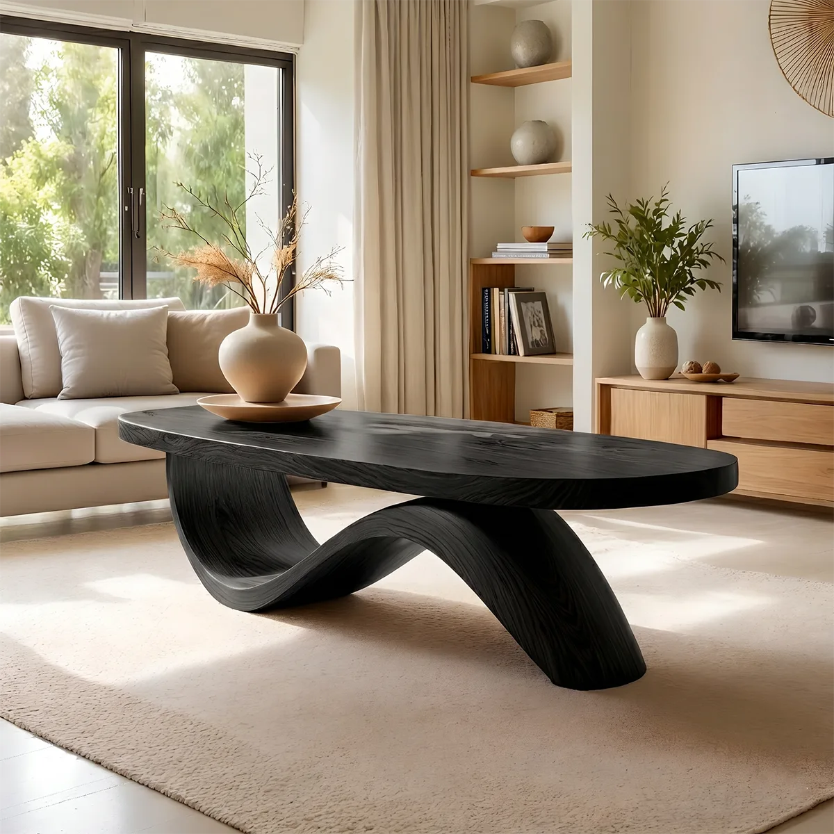 Modern Solid Wood Coffee Table with Artistic Wave Design