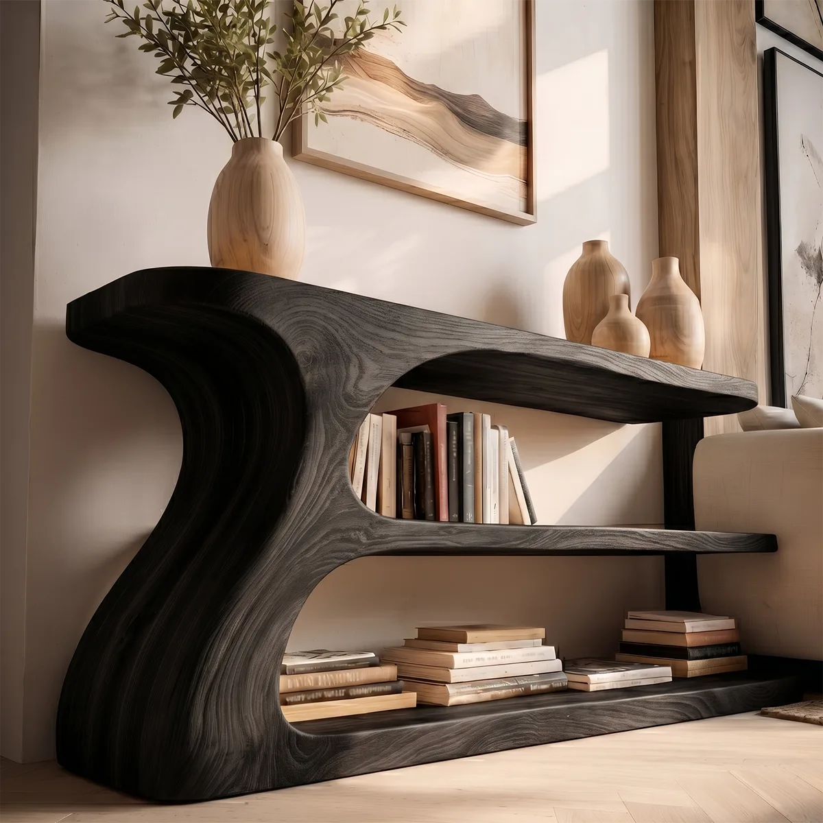 Organic Modern Console Table with Open Shelves, Sculptural Wooden Entryway Console for Living Room HL020-4246
