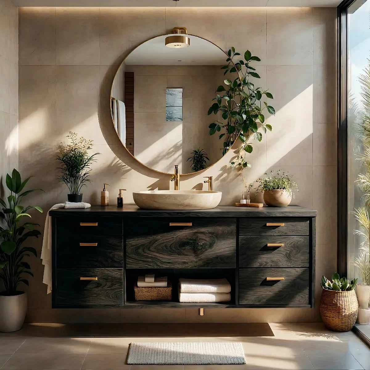 Floating Solid Wood Bathroom Vanity with 7 Drawers and Open Center Shelf