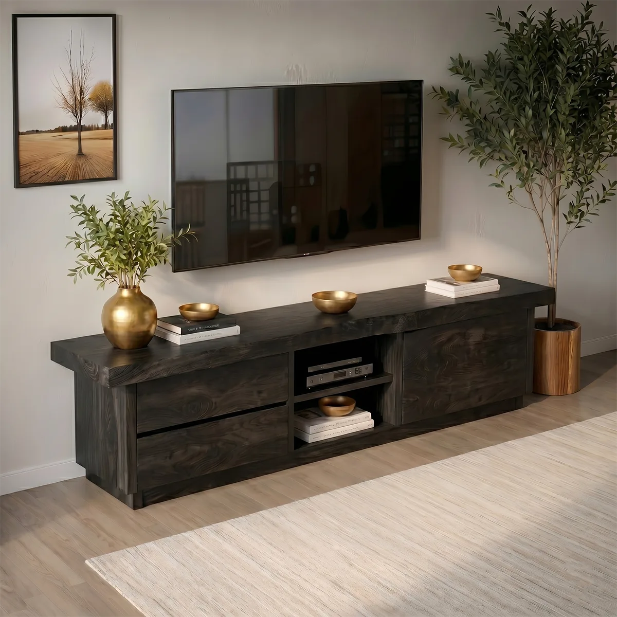Modern Solid Wood Asymmetrical TV Stand with Mixed Storage