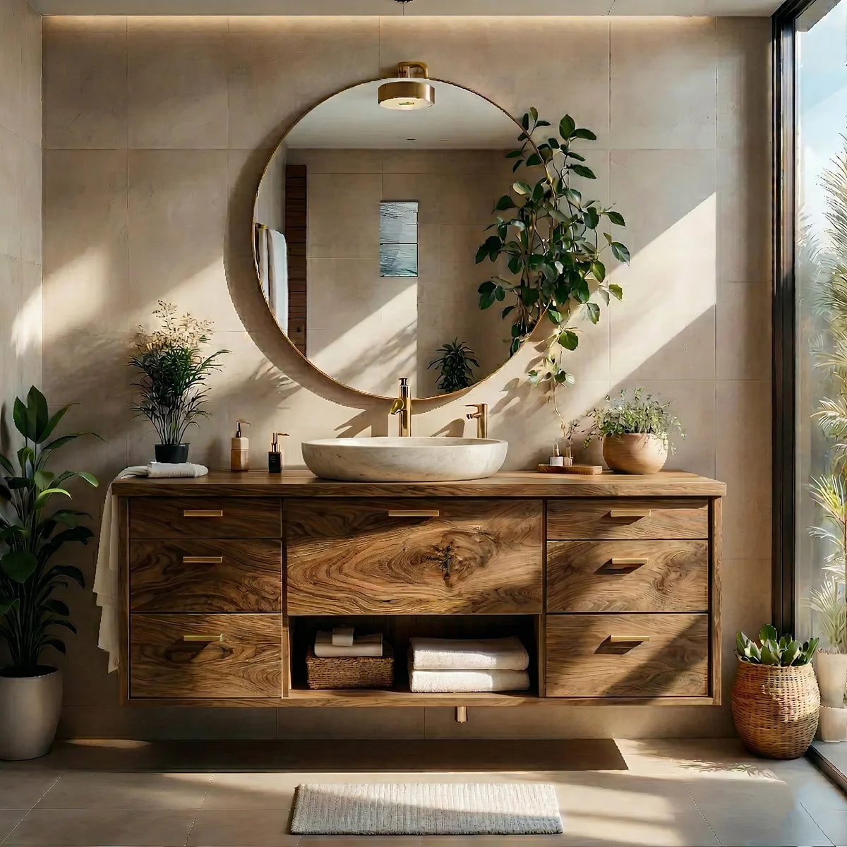 Floating Solid Wood Bathroom Vanity with 7 Drawers and Open Center Shelf