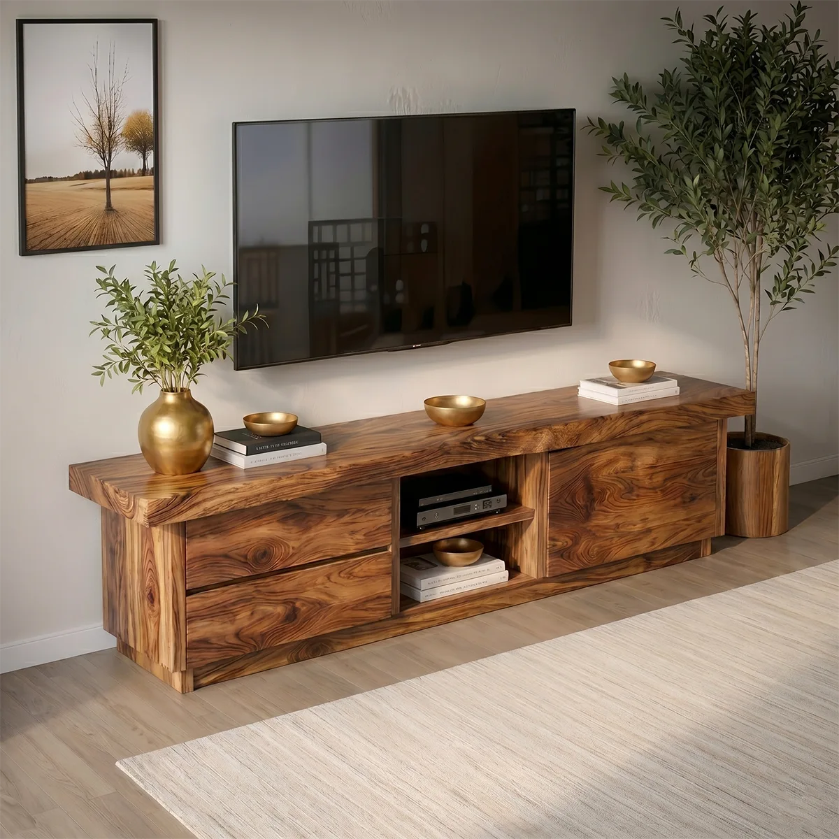 Modern Solid Wood Asymmetrical TV Stand with Mixed Storage