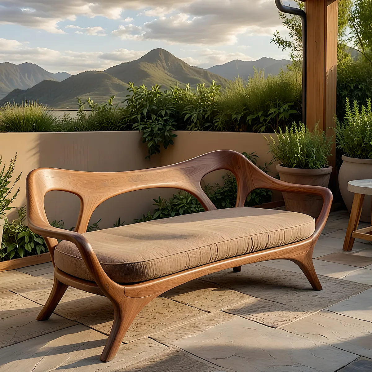 Luxury Organic Modern Outdoor Solid Wood Sofa with Sculptural Backrest