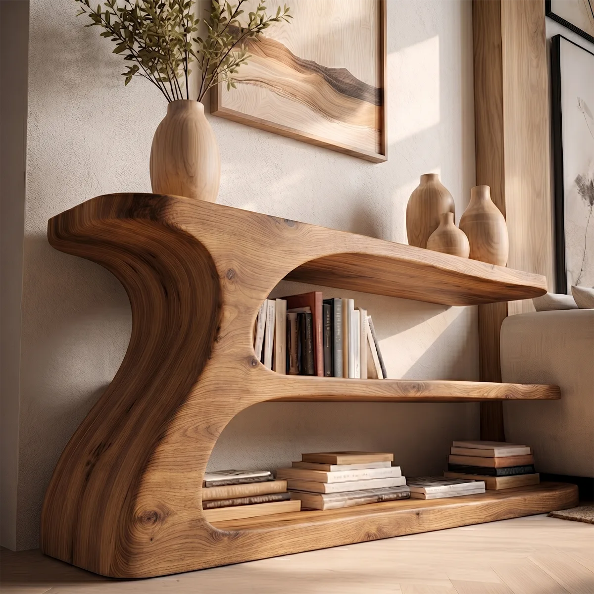 Organic Modern Console Table with Open Shelves, Sculptural Wooden Entryway Console for Living Room HL020-4246