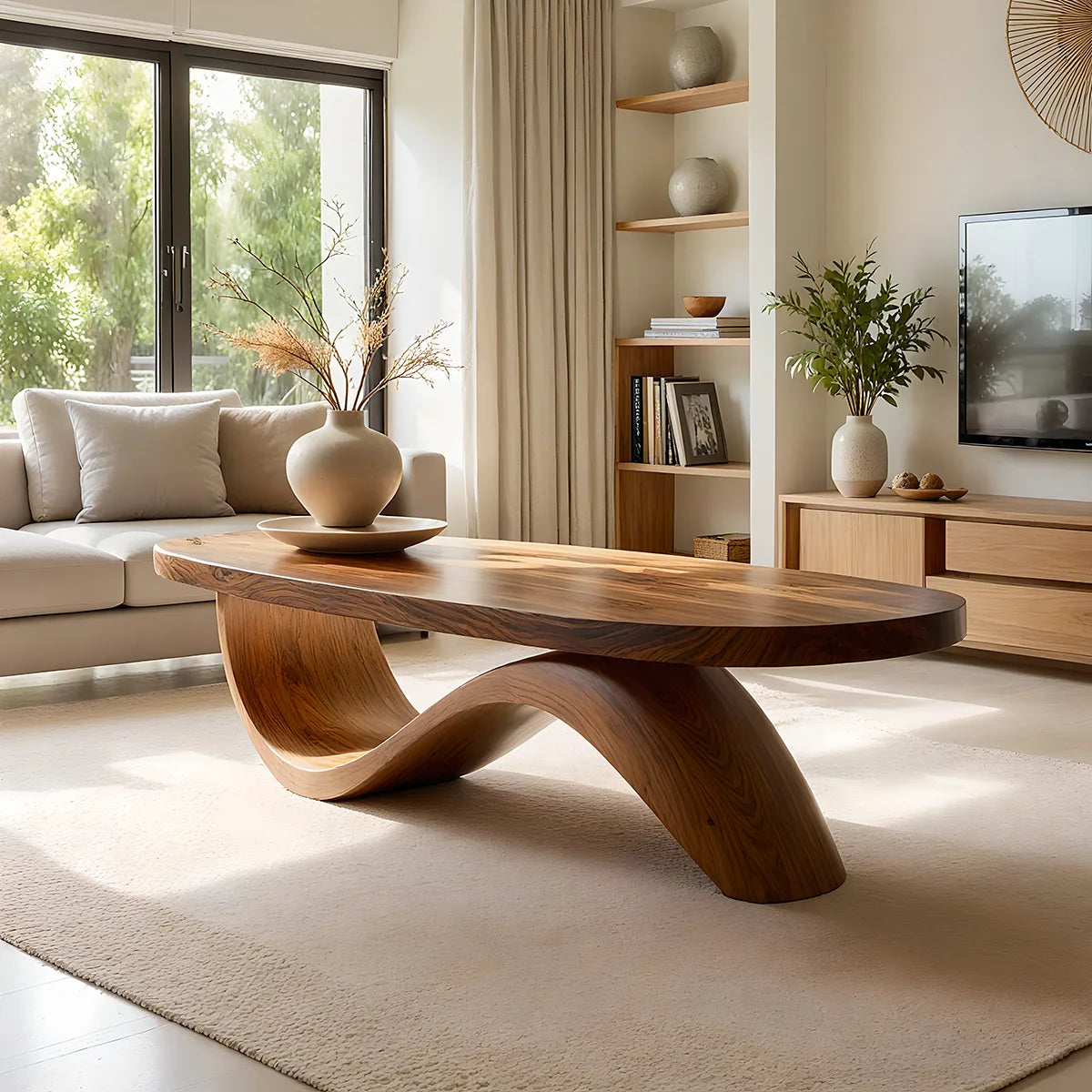 Modern Solid Wood Coffee Table with Artistic Wave Design