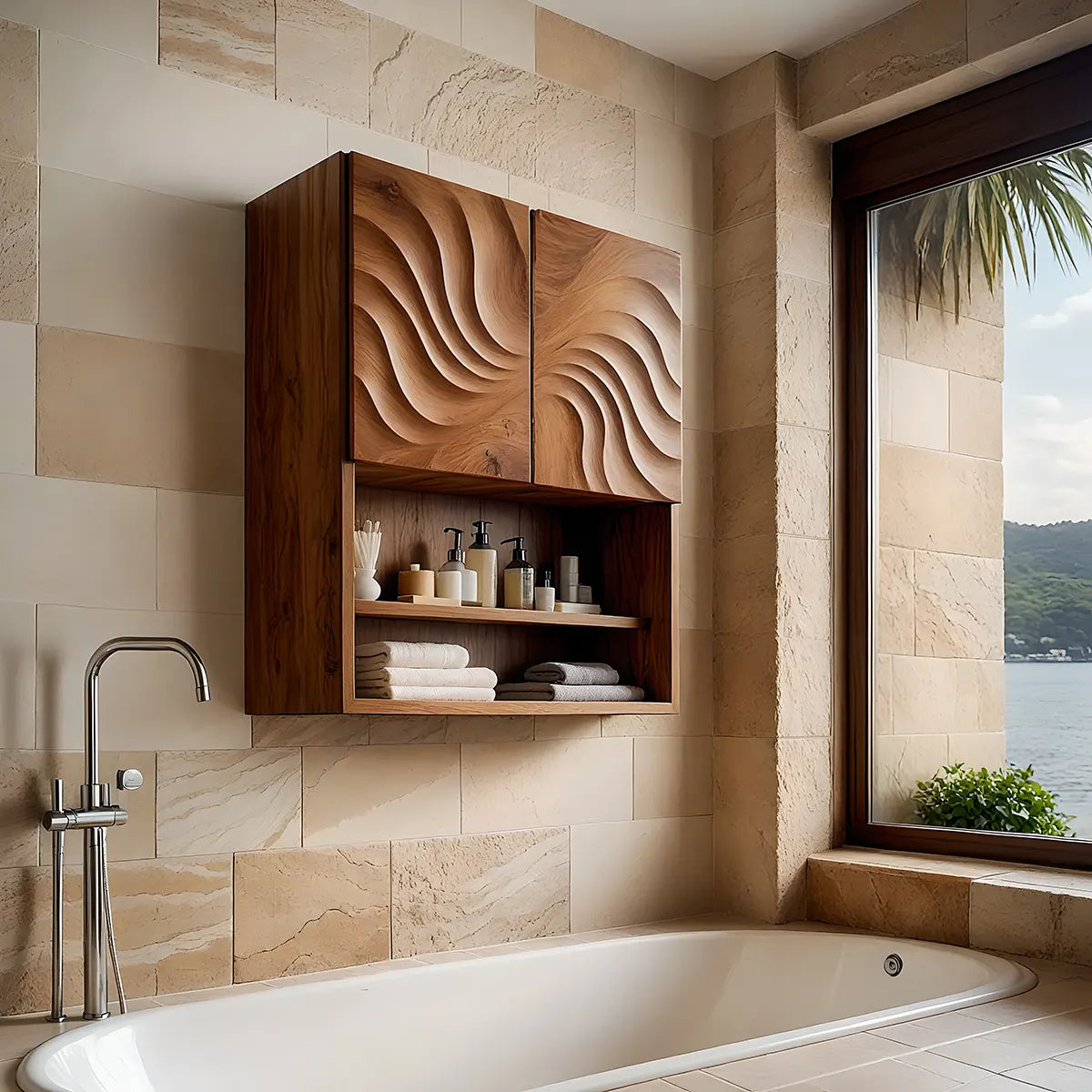 Handcrafted Solid Wood Bathroom Wall Storage Cabinet with Sculpted Door