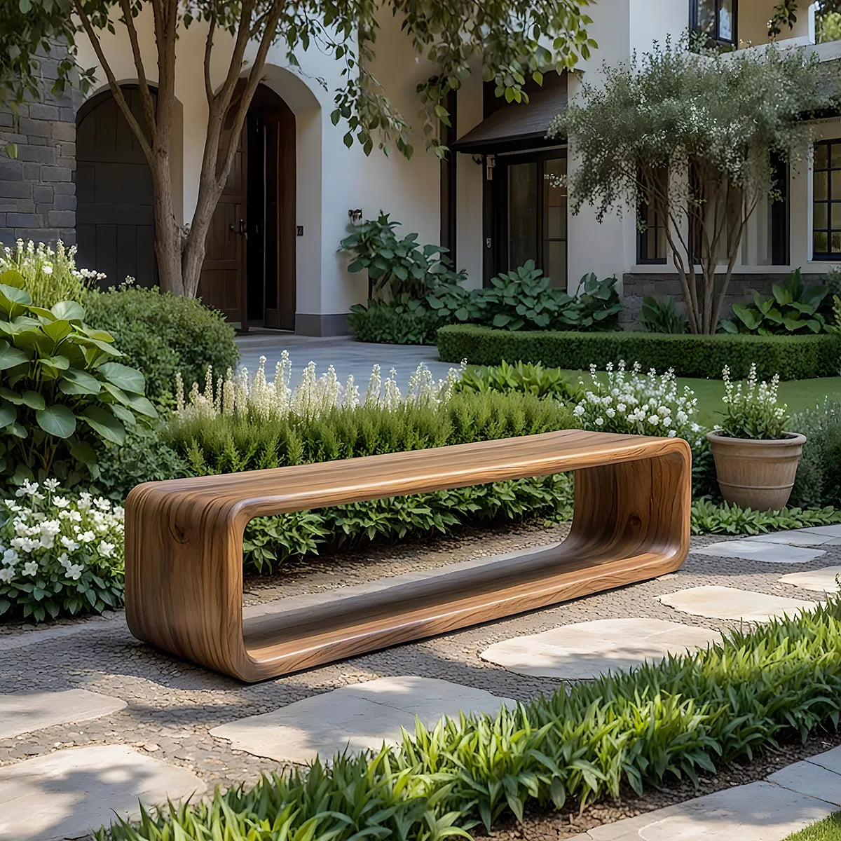 Handcrafted Solid Wood Outdoor Bench Loop Frame Sculptural Patio Garden Bench