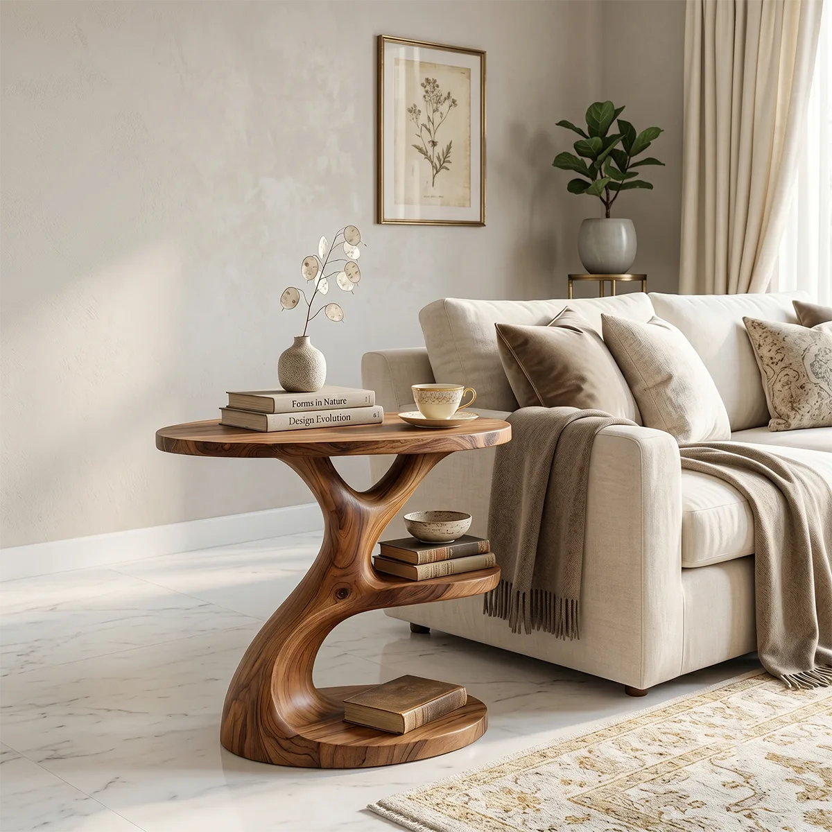 Sculptural Solid Wood End Table with Shelves | Organic Design TH003-3115