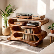 Solid Wood Record Player Stand, Wave-Shaped Curved Vinyl Storage Cabinet