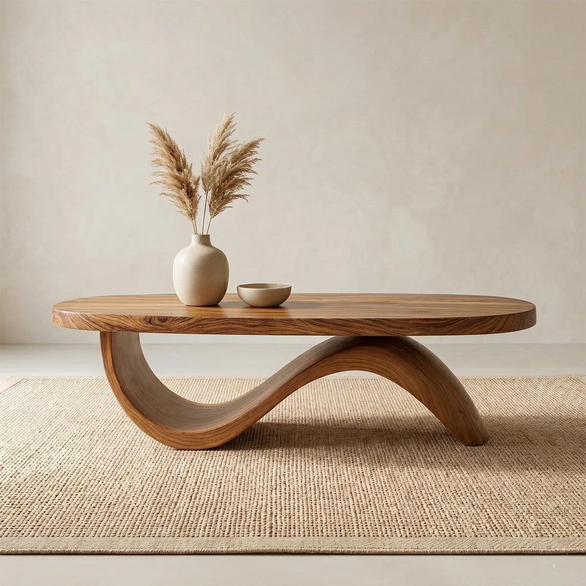 Modern Solid Wood Coffee Table with Artistic Wave Design