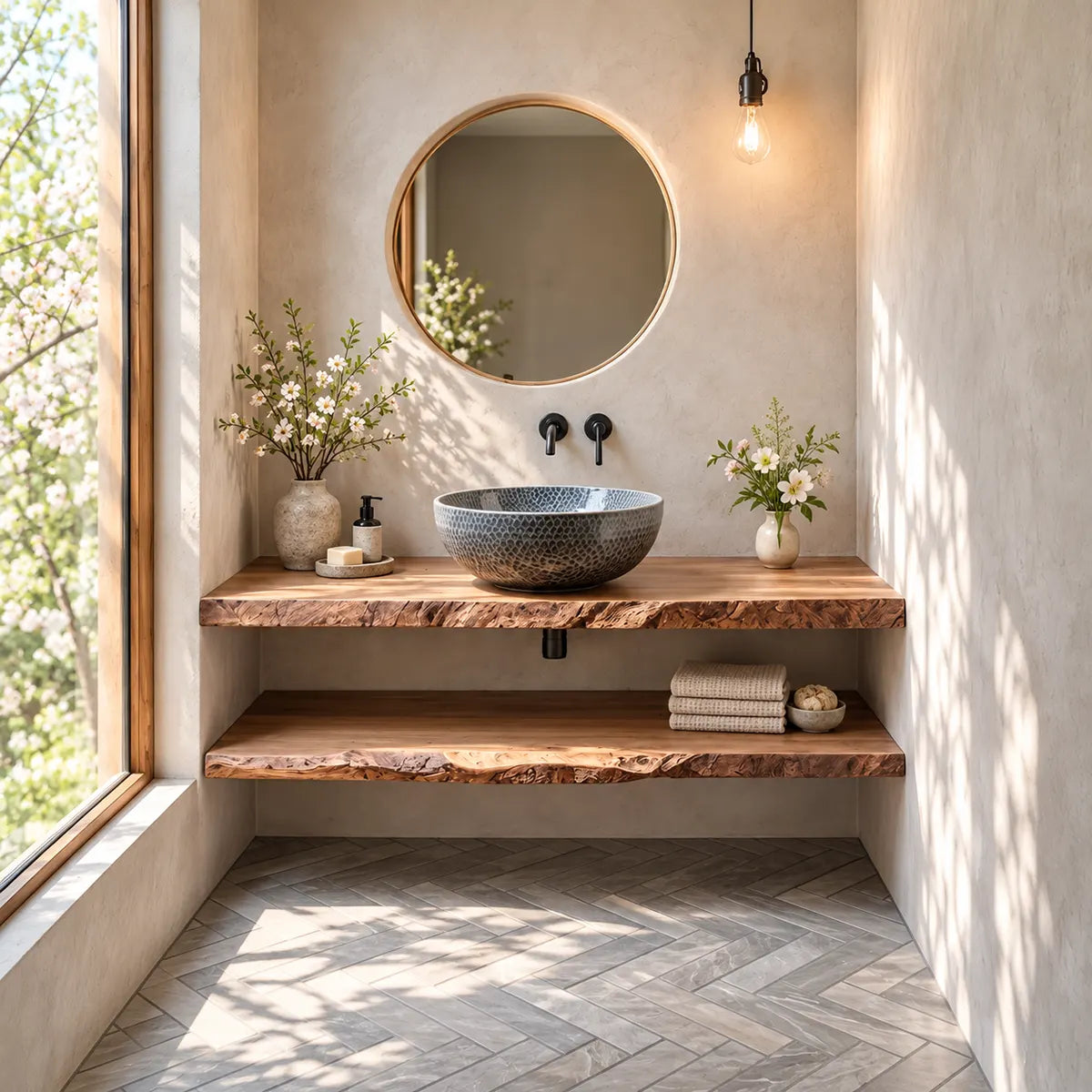Floating Live Edge Bathroom Vanity Shelf | Wall Mounted Organic Vanity Countertop TT006-9GVY1LB