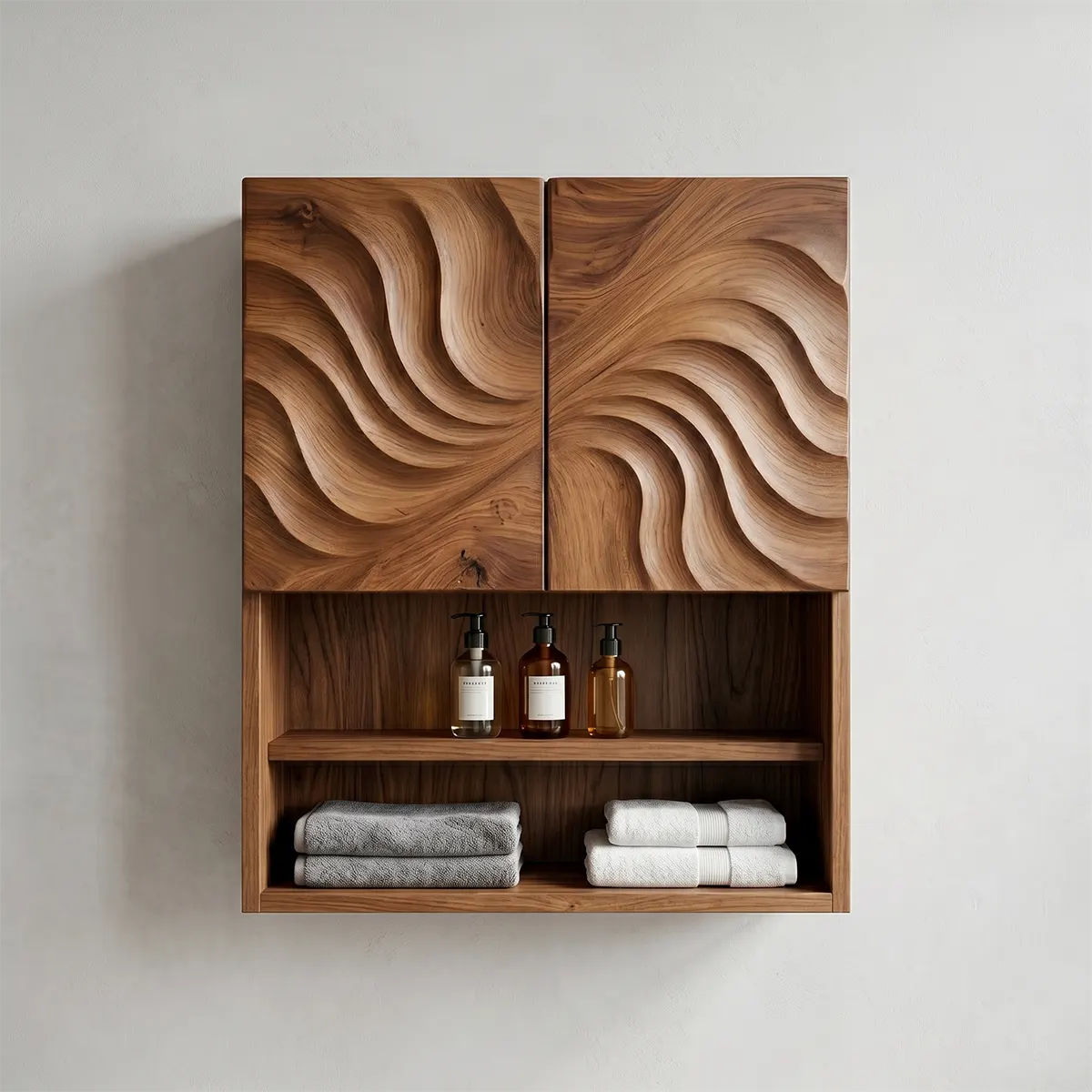 Handcrafted Solid Wood Bathroom Wall Storage Cabinet with Sculpted Door