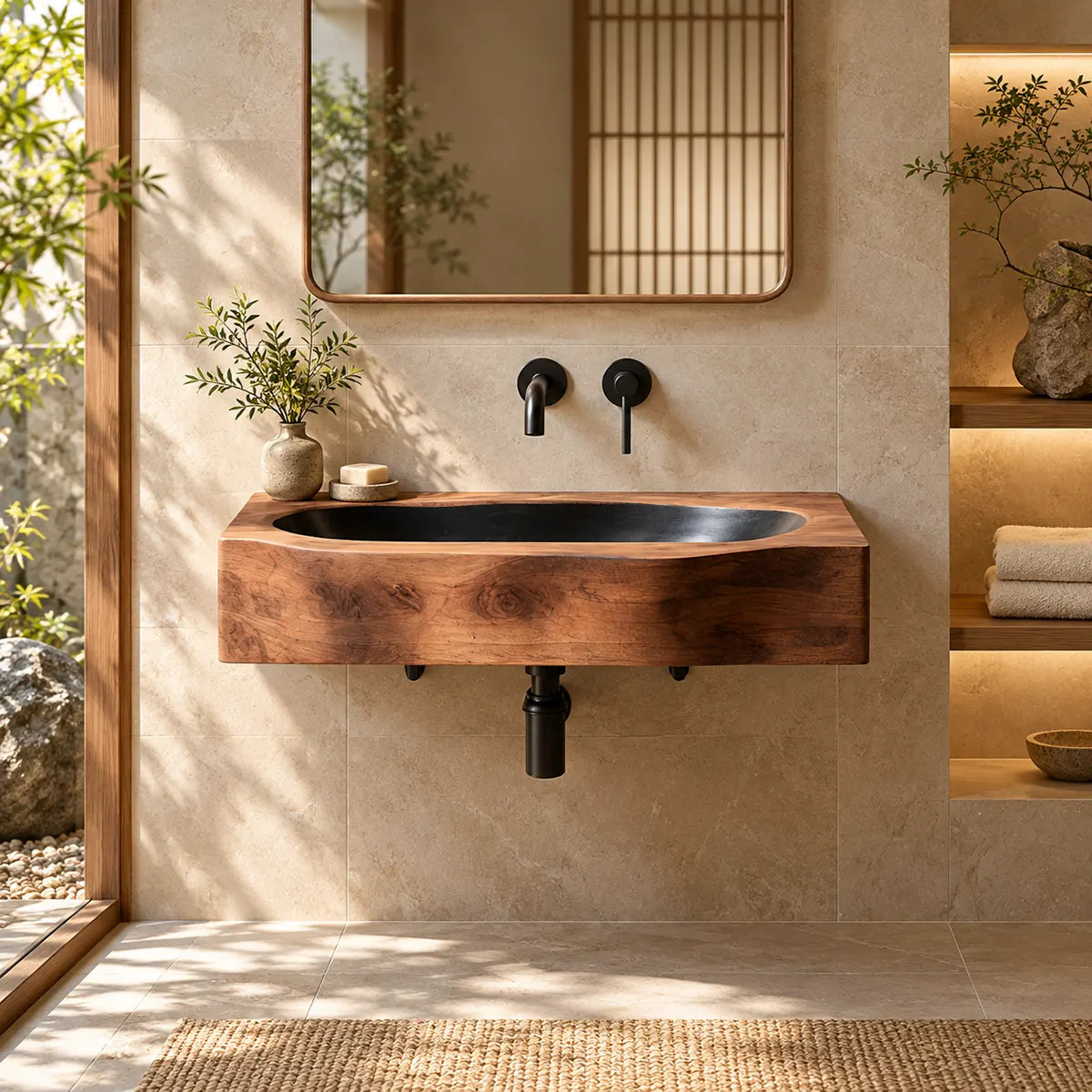 Integrated Wall Mounted Bathroom Sink | Elongated Floating Basin with Curved Edge TT006-3YIZ5ZH