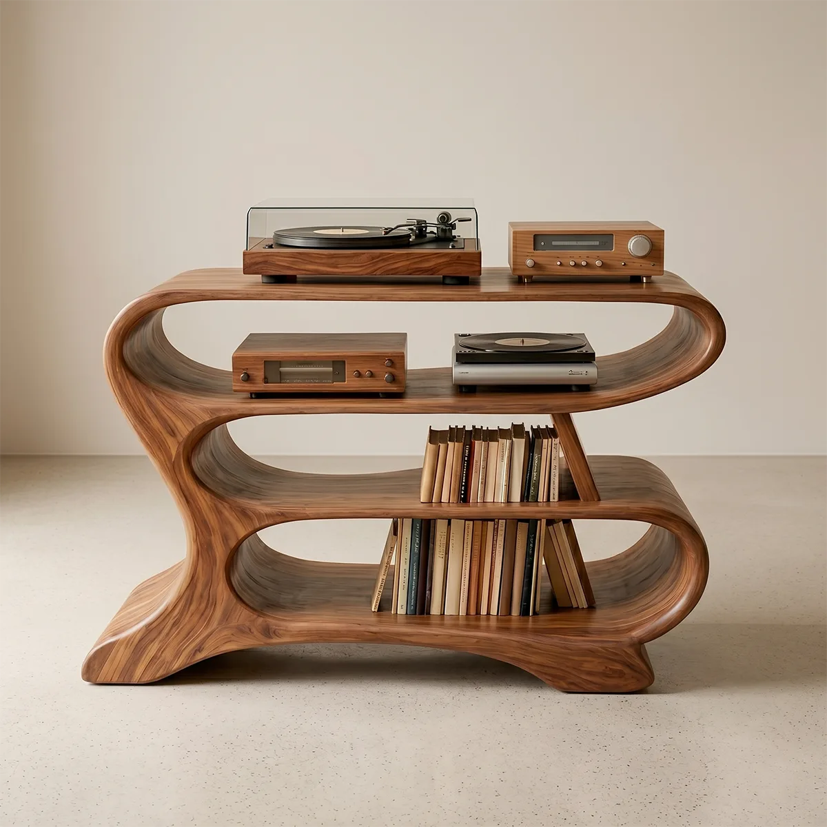 Solid Wood Record Player Stand, Wave-Shaped Curved Vinyl Storage Cabinet