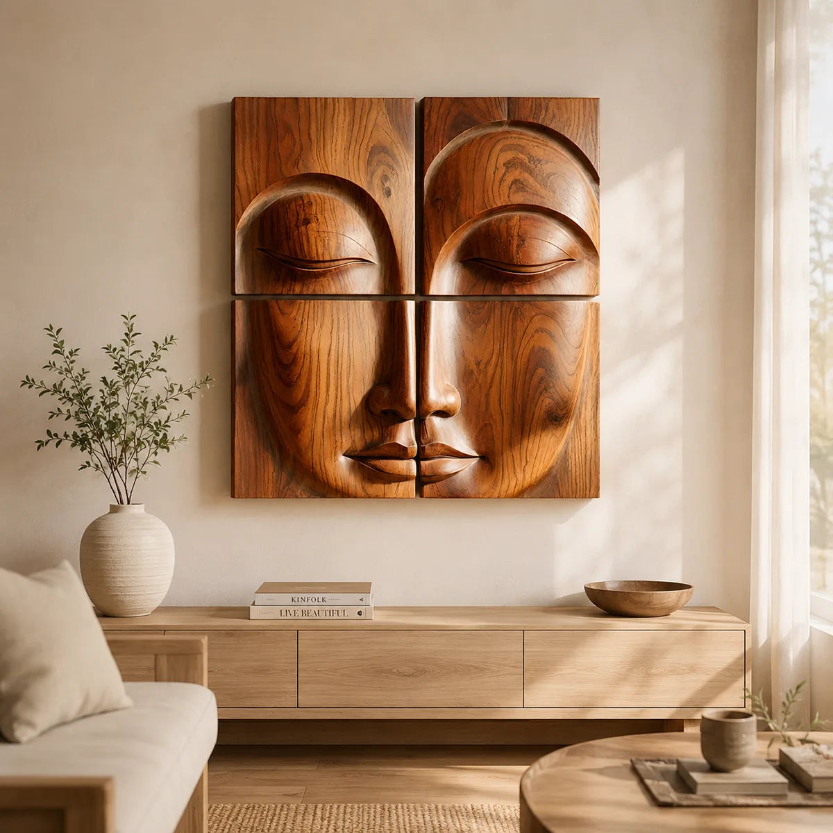 Abstract Wooden Face Wall Art | Large 4 Panel Hand Carved Wood Sculpture TT006-3622