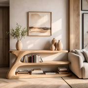 Organic Modern Console Table with Open Shelves, Sculptural Wooden Entryway Console for Living Room HL020-4246