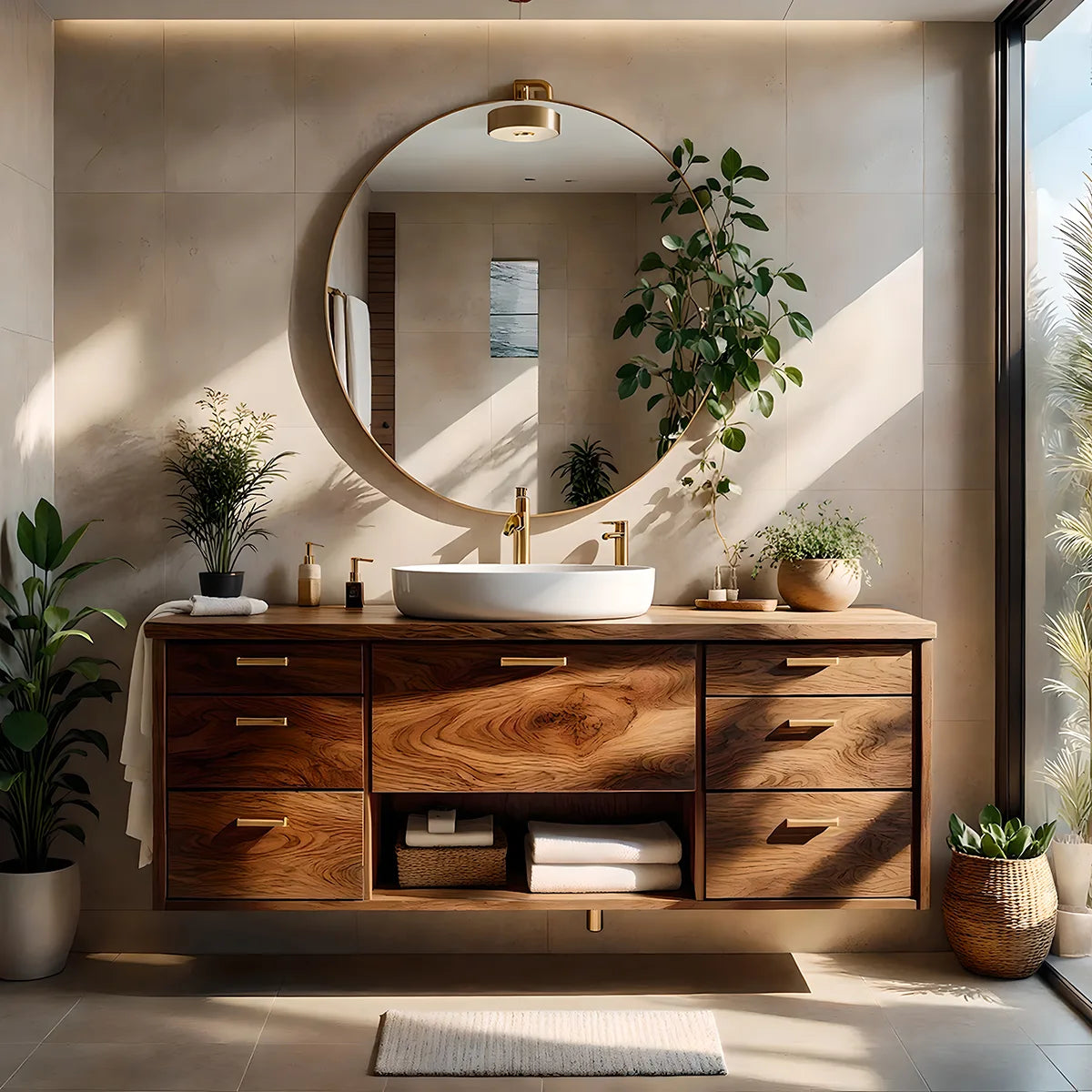 Floating Solid Wood Bathroom Vanity with 7 Drawers and Open Center Shelf