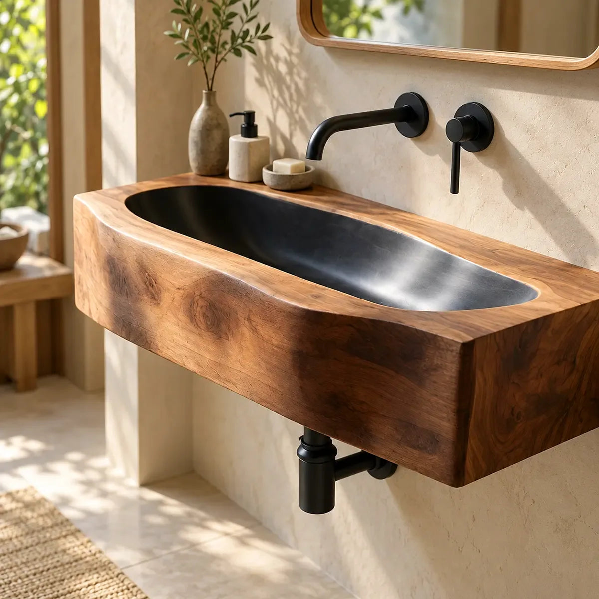 Integrated Wall Mounted Bathroom Sink | Elongated Floating Basin with Curved Edge TT006-3YIZ5ZH