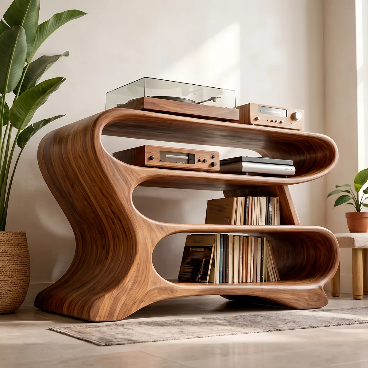 Solid Wood Record Player Stand, Wave-Shaped Curved Vinyl Storage Cabinet
