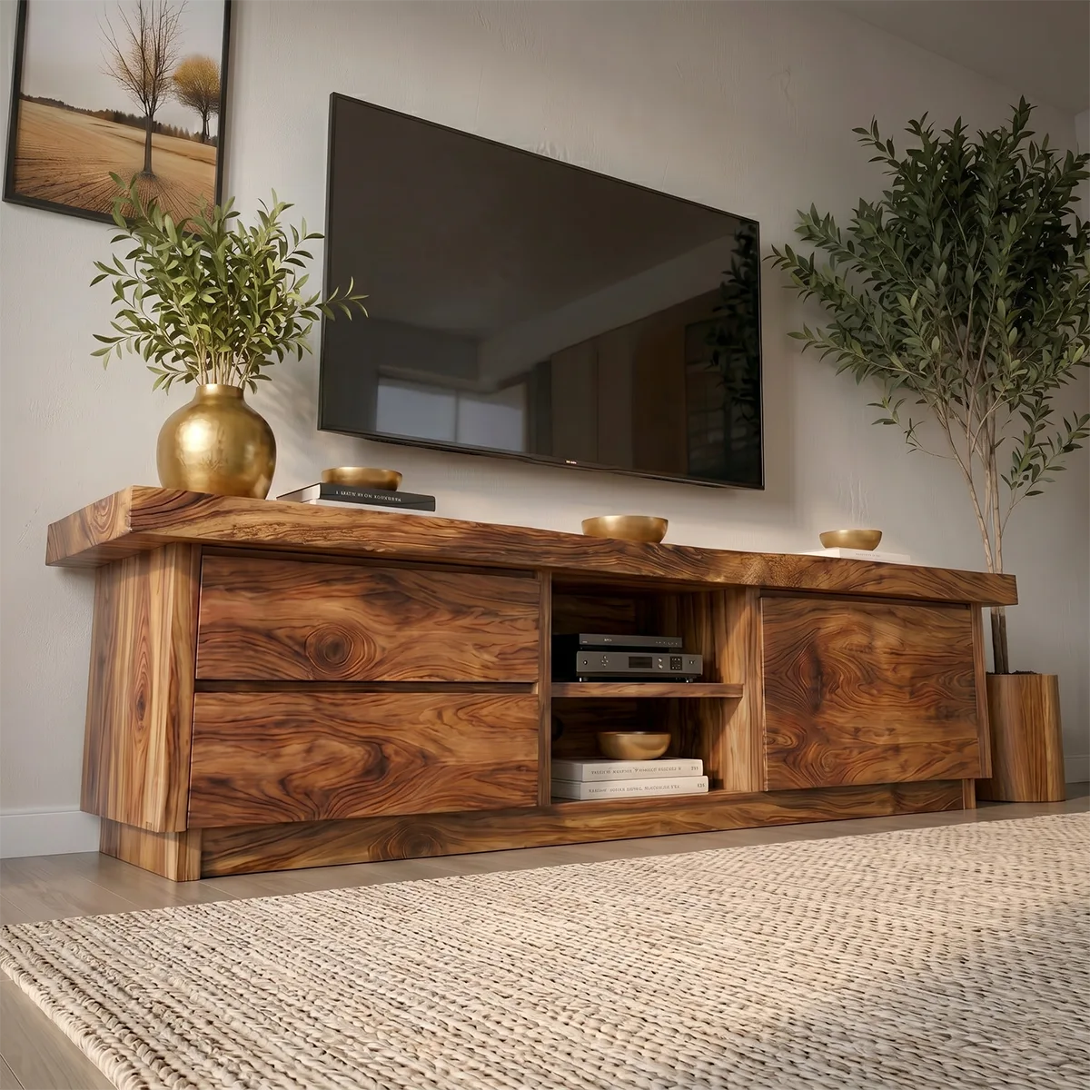 Modern Solid Wood Asymmetrical TV Stand with Mixed Storage