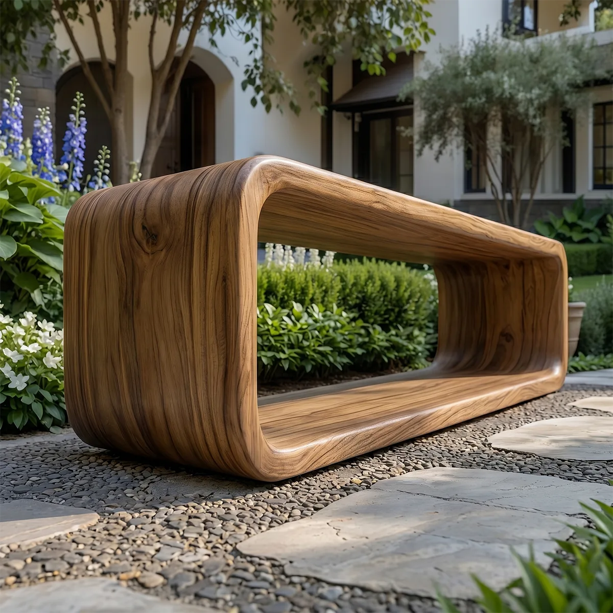 Handcrafted Solid Wood Outdoor Bench Loop Frame Sculptural Patio Garden Bench