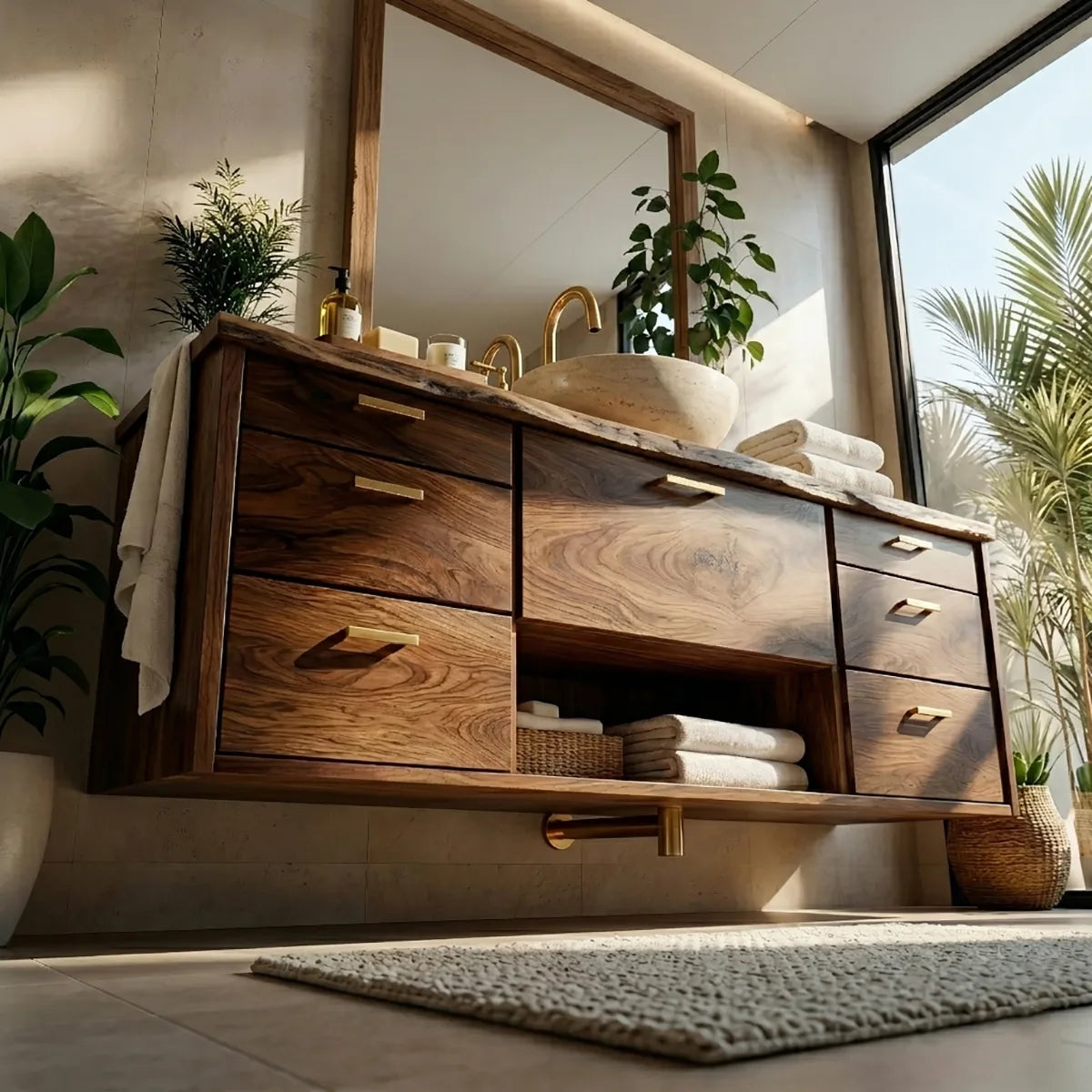 Floating Solid Wood Bathroom Vanity with 7 Drawers and Open Center Shelf