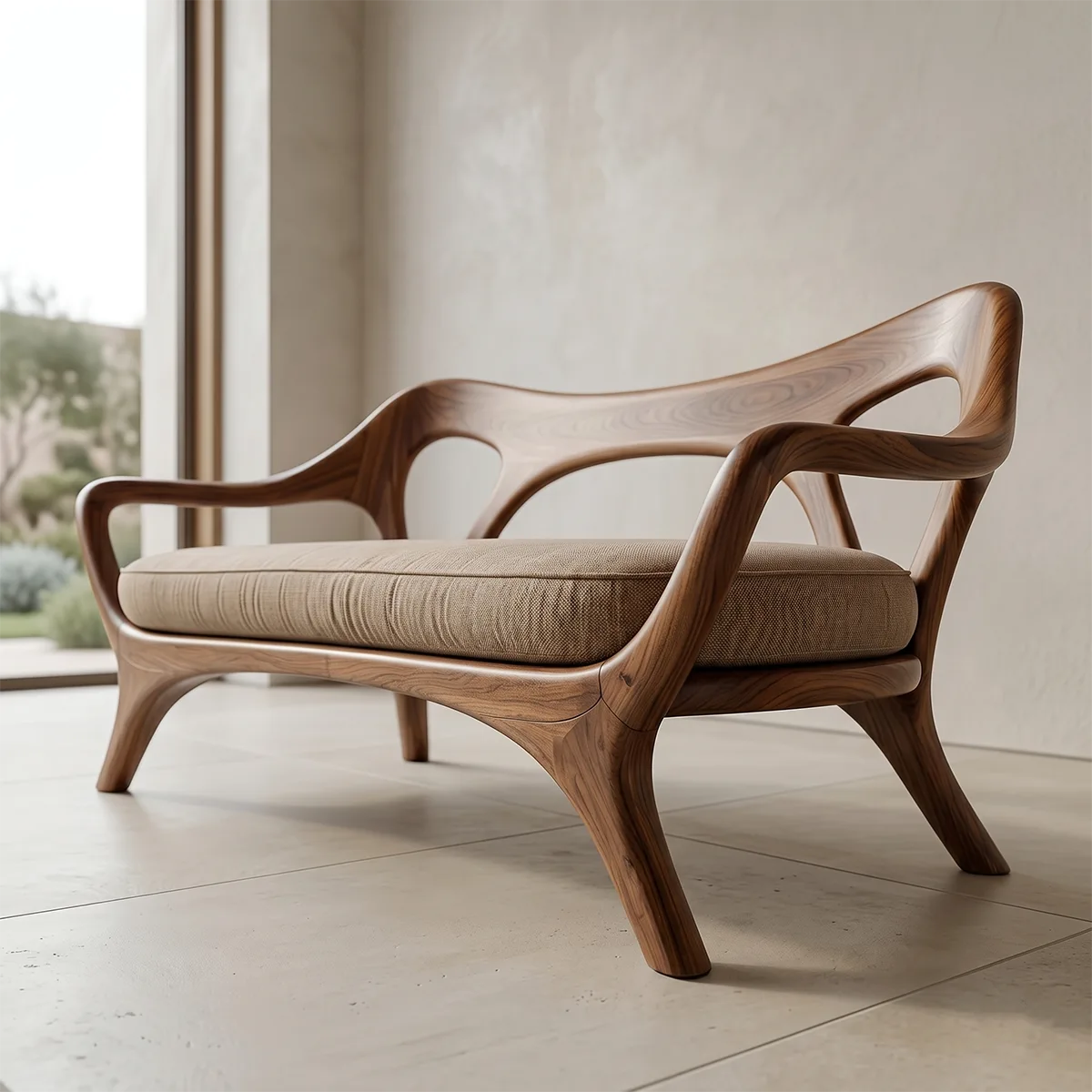 Luxury Organic Modern Outdoor Solid Wood Sofa with Sculptural Backrest