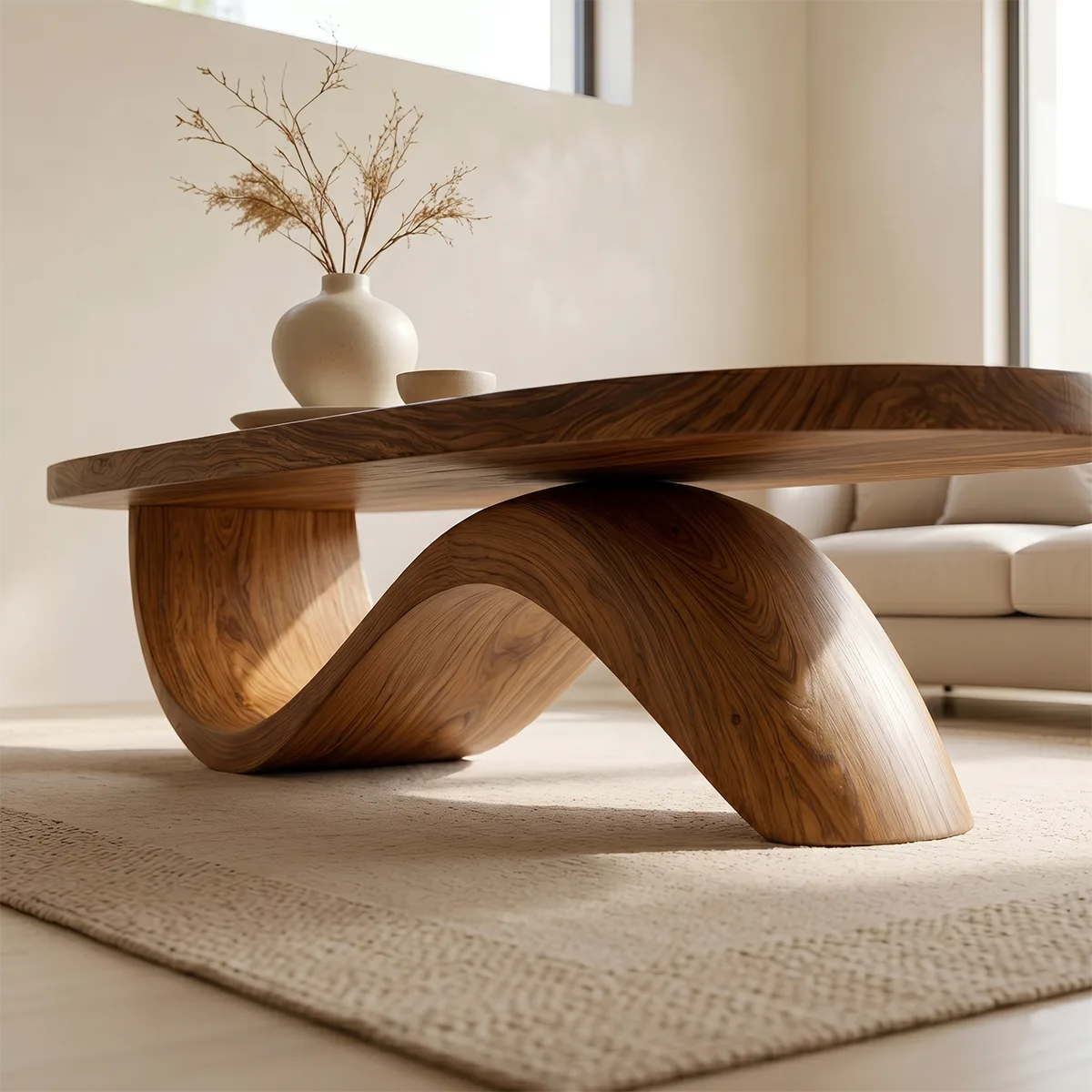 Modern Solid Wood Coffee Table with Artistic Wave Design