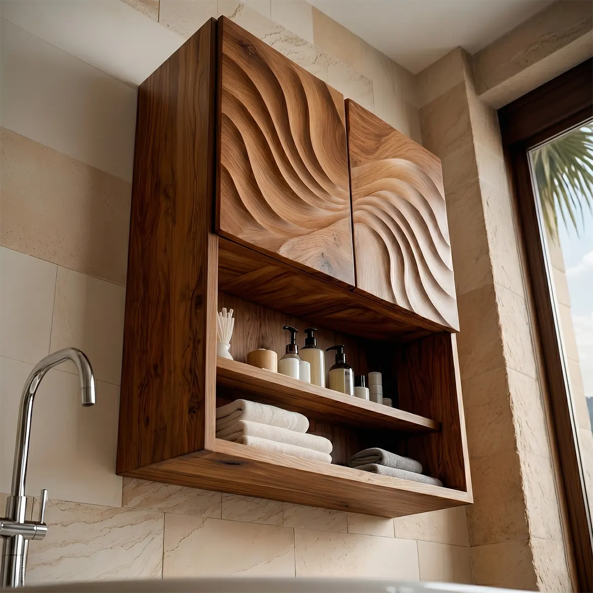 Handcrafted Solid Wood Bathroom Wall Storage Cabinet with Sculpted Door