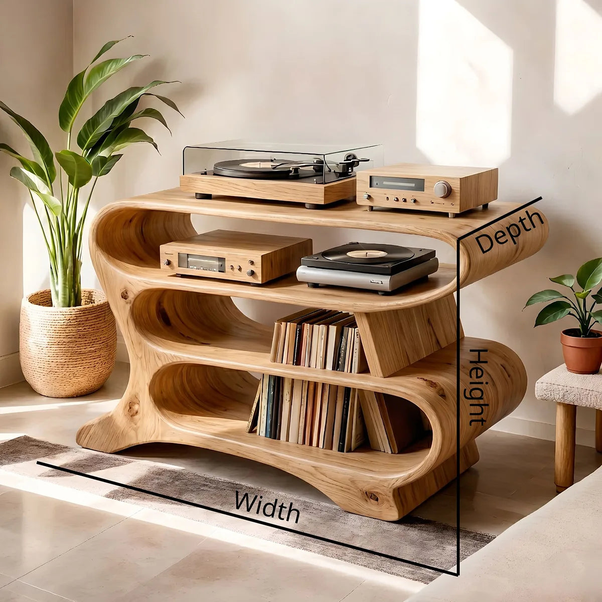 Solid Wood Record Player Stand, Wave-Shaped Curved Vinyl Storage Cabinet