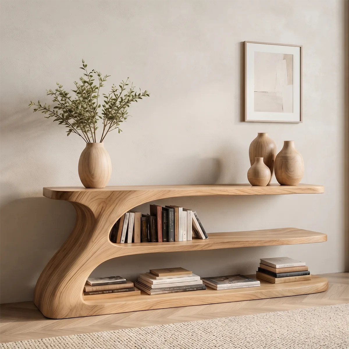 Organic Modern Console Table with Open Shelves, Sculptural Wooden Entryway Console for Living Room HL020-4246