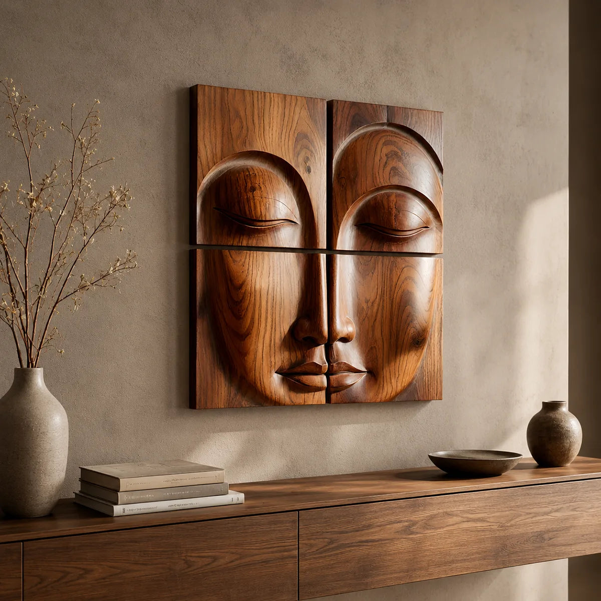 Abstract Wooden Face Wall Art | Large 4 Panel Hand Carved Wood Sculpture TT006-3622