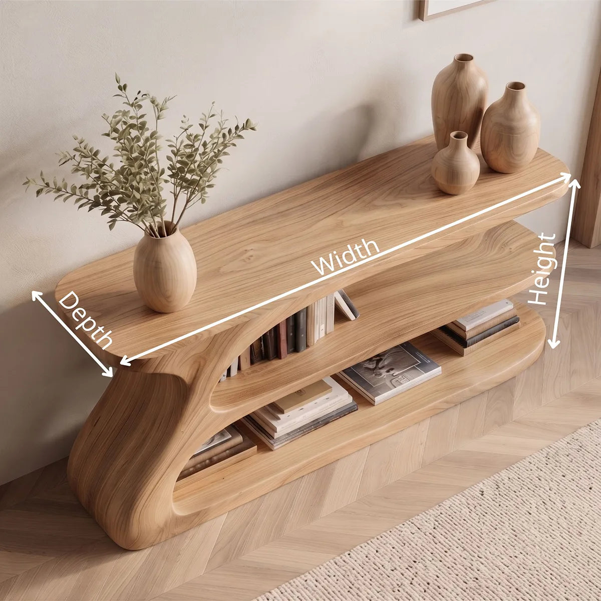 Organic Modern Console Table with Open Shelves, Sculptural Wooden Entryway Console for Living Room HL020-4246