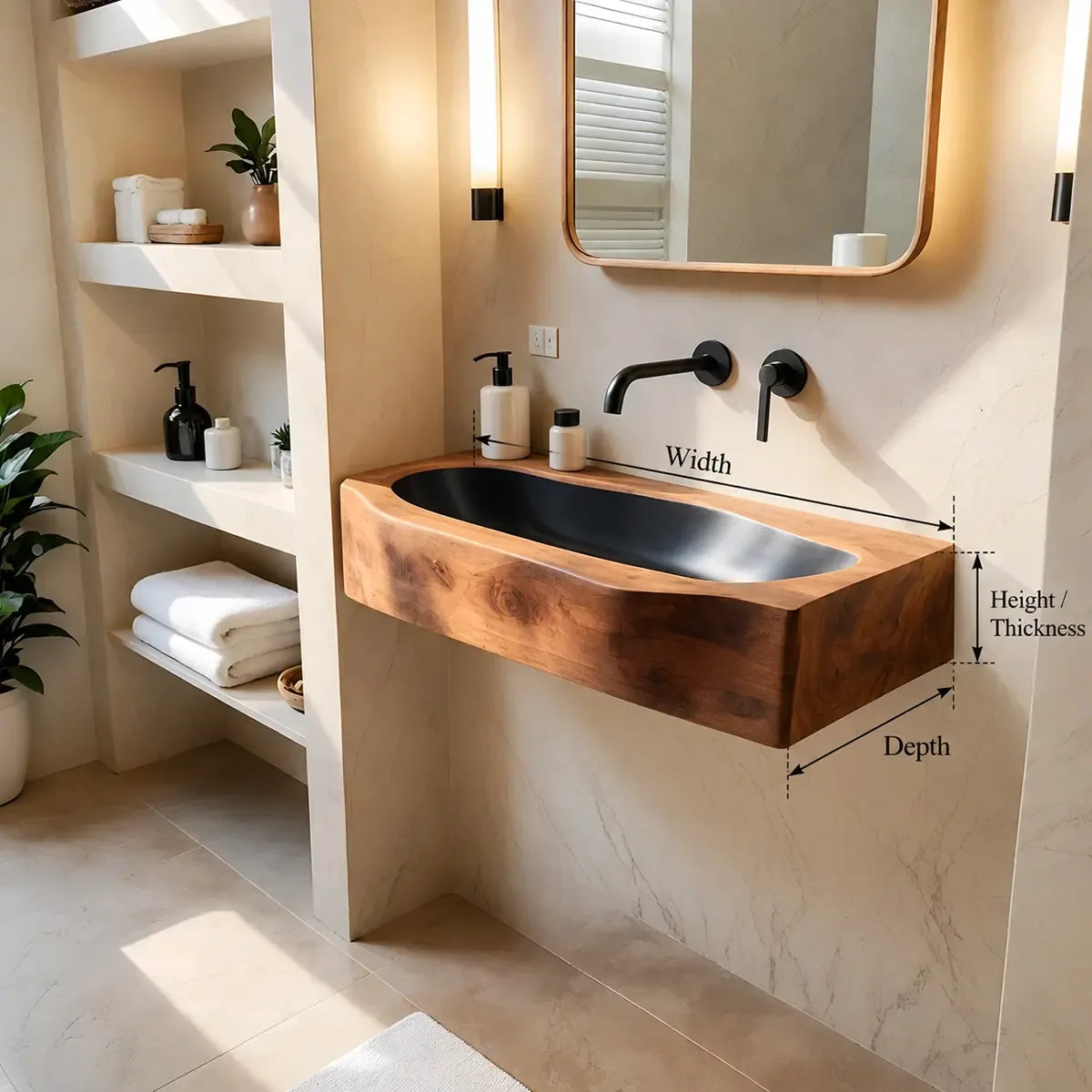 Integrated Wall Mounted Bathroom Sink | Elongated Floating Basin with Curved Edge TT006-3YIZ5ZH