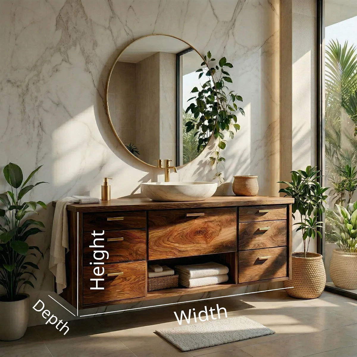 Floating Solid Wood Bathroom Vanity with 7 Drawers and Open Center Shelf
