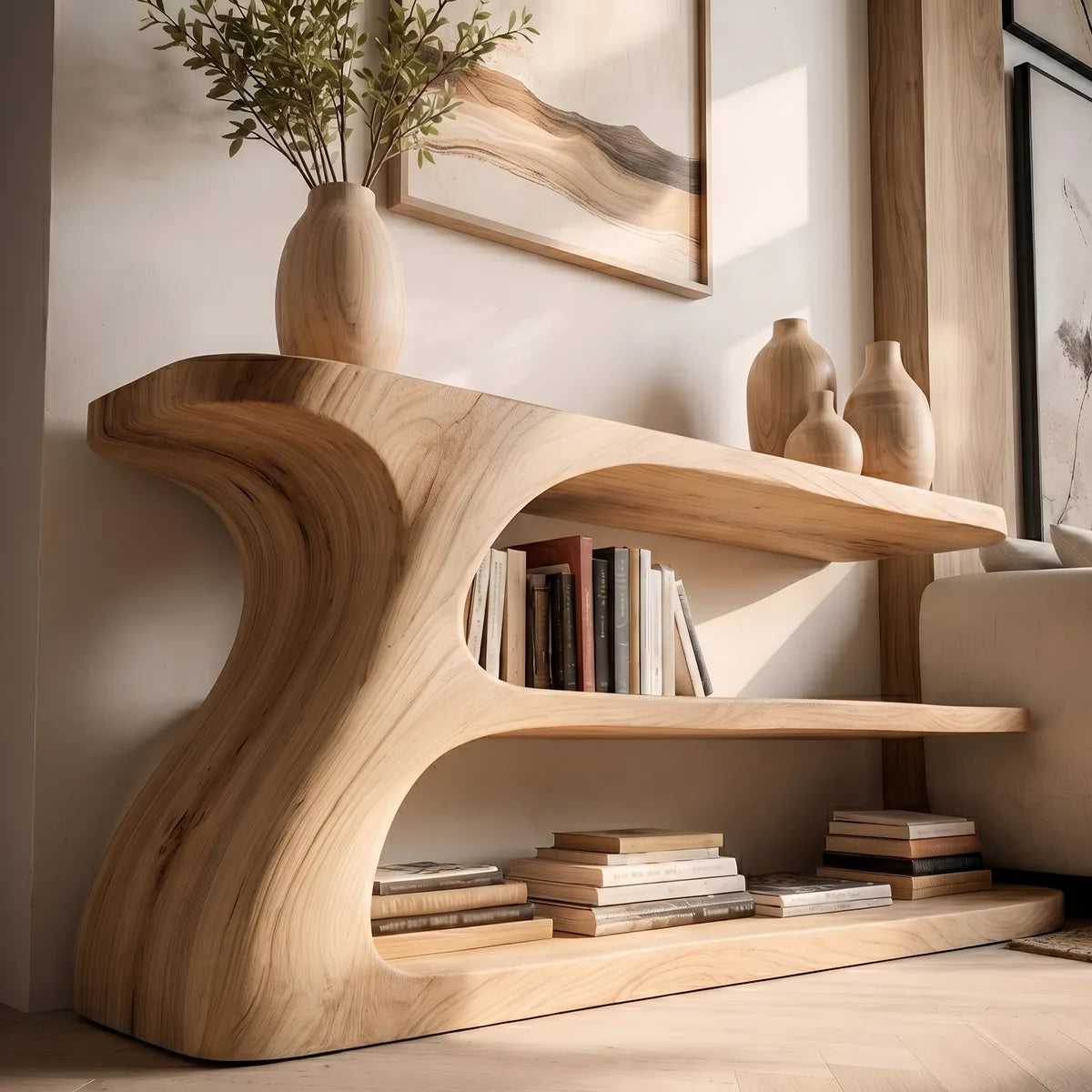 Organic Modern Console Table with Open Shelves, Sculptural Wooden Entryway Console for Living Room HL020-4246