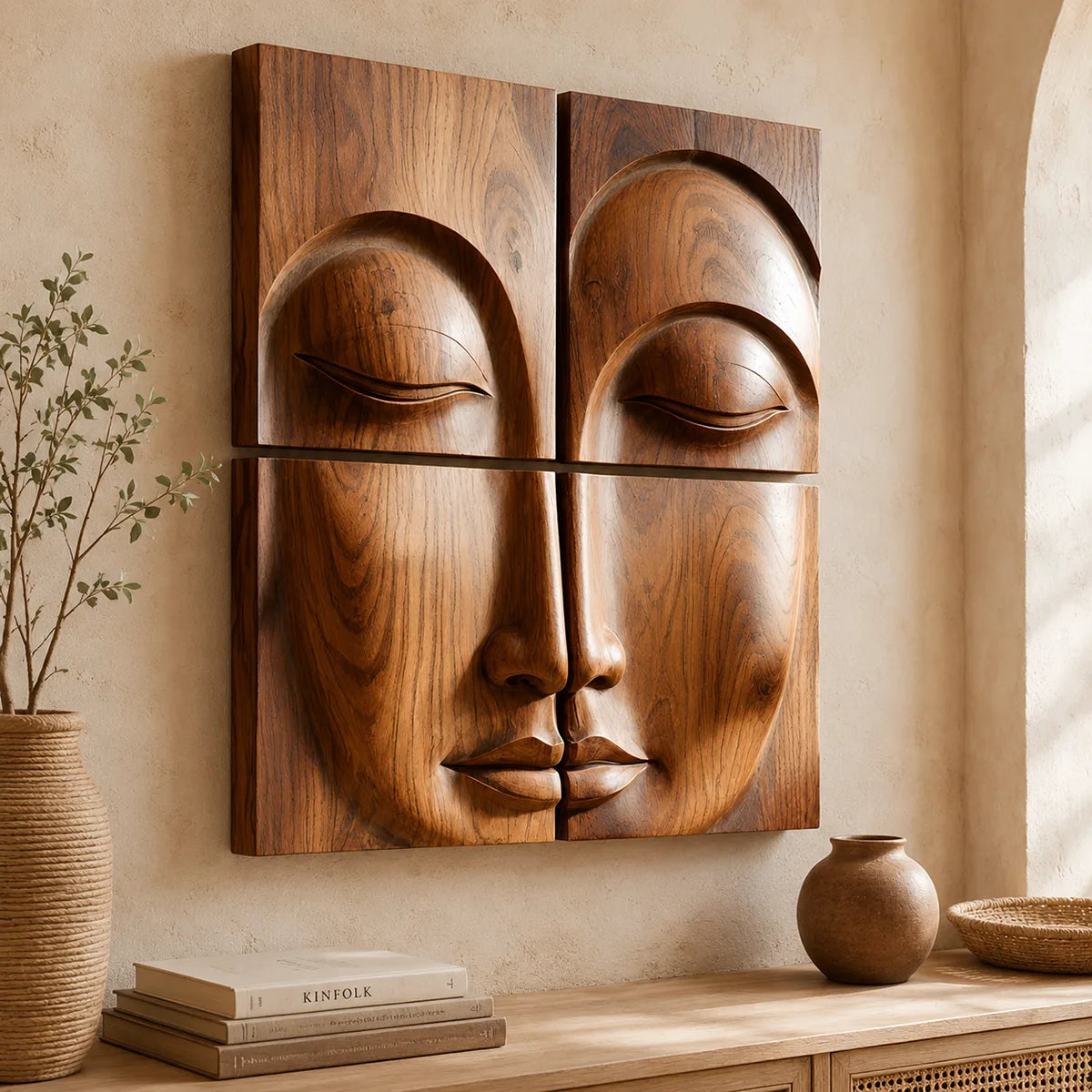 Abstract Wooden Face Wall Art | Large 4 Panel Hand Carved Wood Sculpture TT006-3622